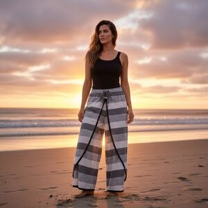 Striped Wide Leg Palazzo Wrap Pants Free Size Coastal Nautical Sailor Resort